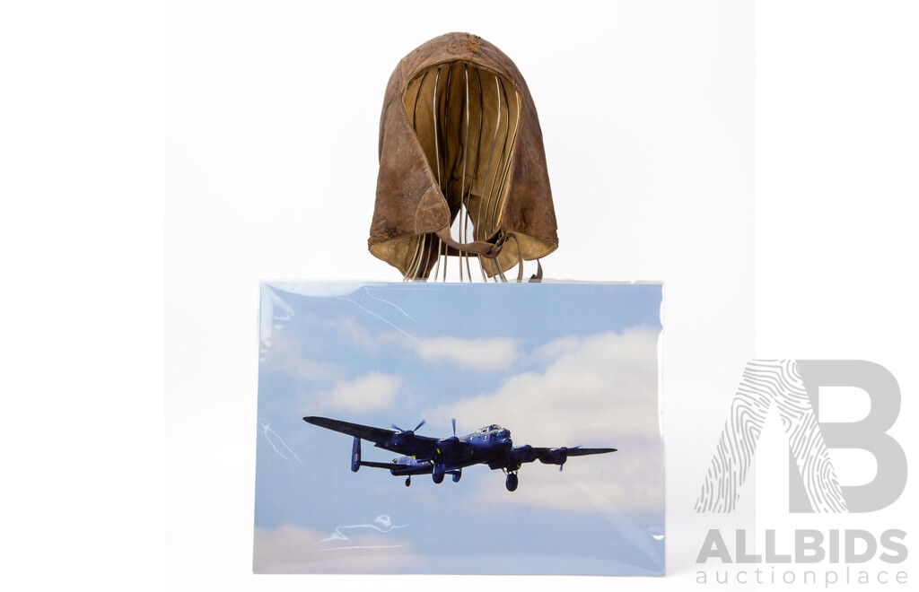 Vintage Leather Type B-3 US Air Corps Flying Helmet with Image of a Avro Lancaster