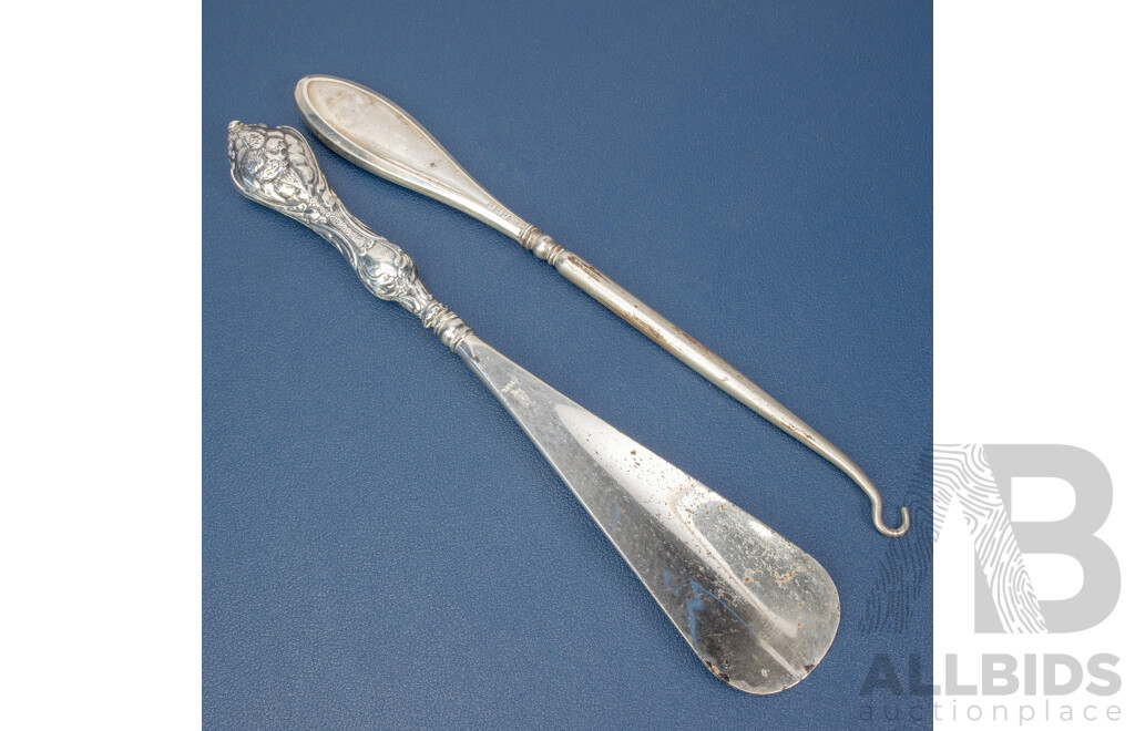 Antique Silver Button Hook, Birmingham, 1917, Shoe Horn, Robert Pringle & Sons, Birmingham, 1904,
