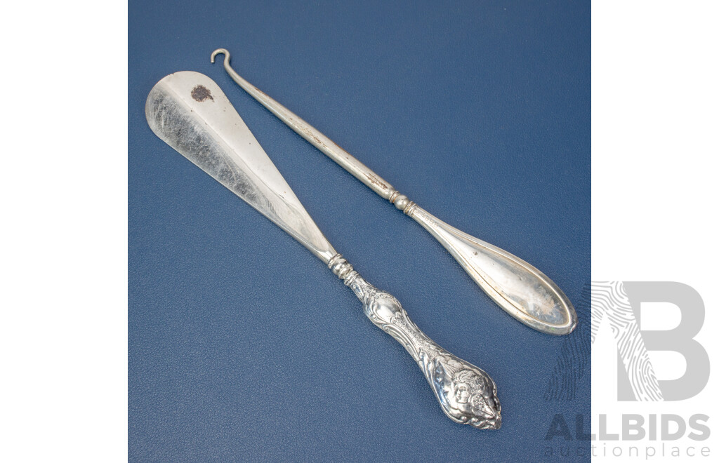 Antique Silver Button Hook, Birmingham, 1917, Shoe Horn, Robert Pringle & Sons, Birmingham, 1904,
