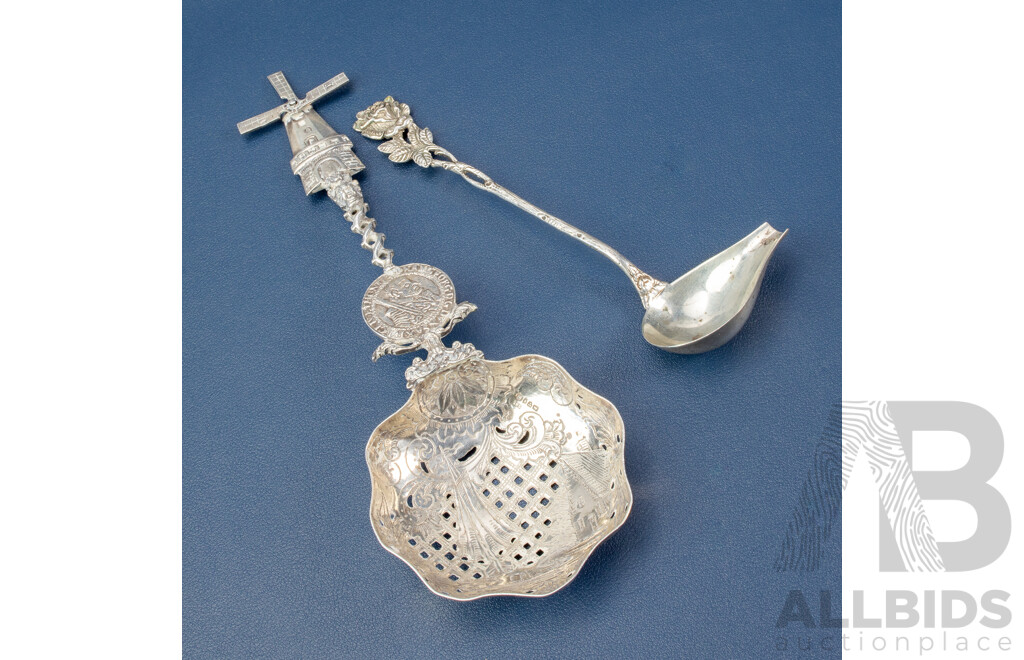 Vintage German Silver Ladle Spoon with Rose Form Handle and Dutch Silver Tea Strainer with Windmill Handle
