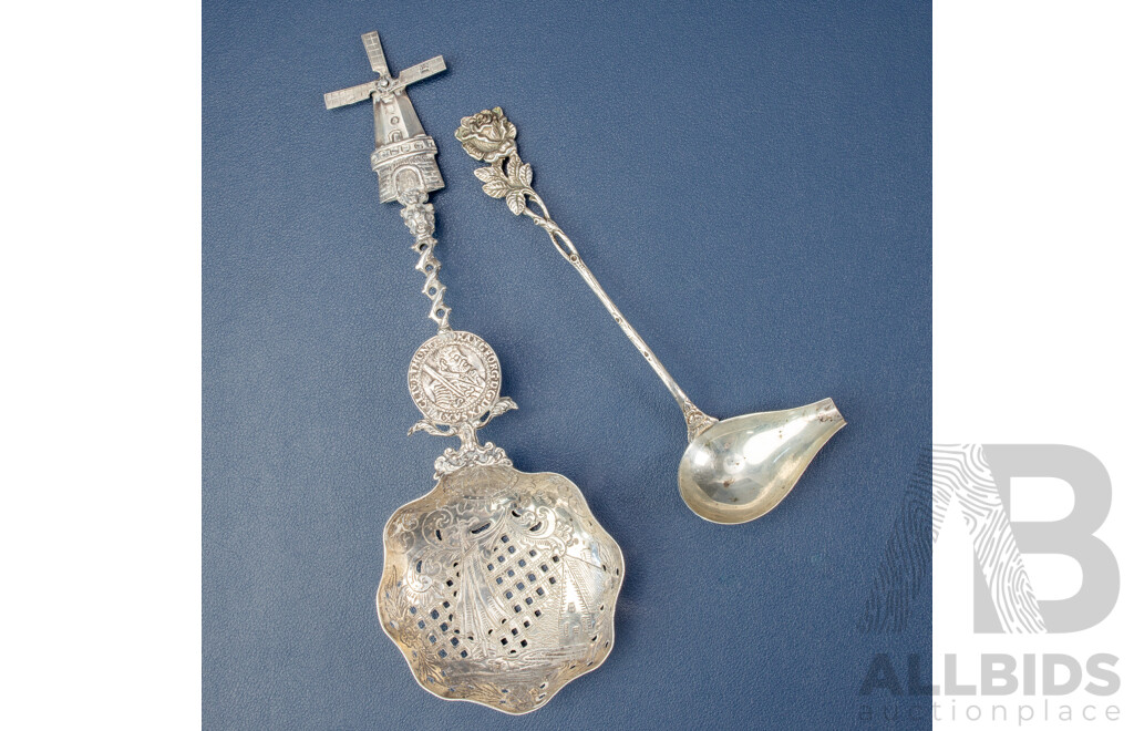 Vintage German Silver Ladle Spoon with Rose Form Handle and Dutch Silver Tea Strainer with Windmill Handle