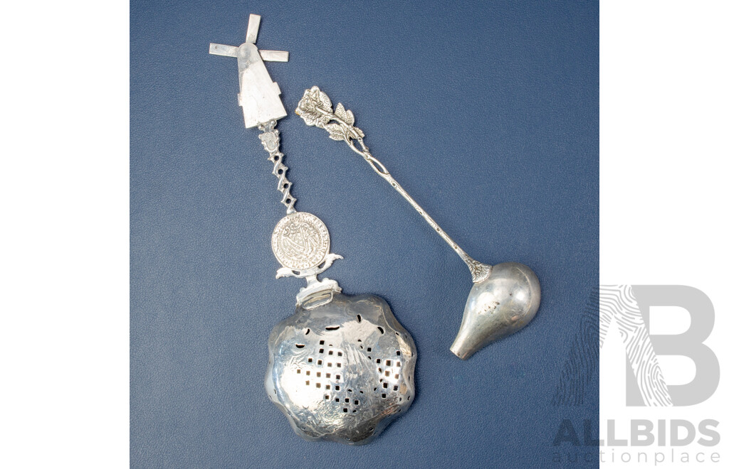 Vintage German Silver Ladle Spoon with Rose Form Handle and Dutch Silver Tea Strainer with Windmill Handle