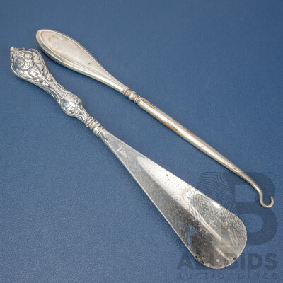 Antique Silver Button Hook, Birmingham, 1917, Shoe Horn, Robert Pringle & Sons, Birmingham, 1904,