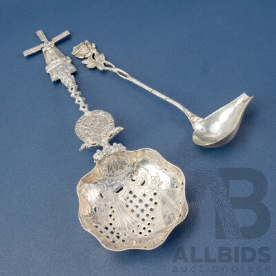Vintage German Silver Ladle Spoon with Rose Form Handle and Dutch Silver Tea Strainer with Windmill Handle