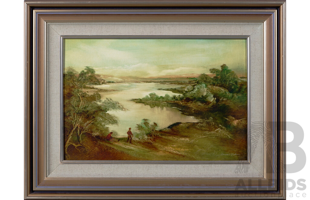 Norman Robins (Early 20th Century, German/British/Australian, 1914-1988), Untitled (Figures by a Lake), Oil on Board, 29 X 44 Cm (Image)