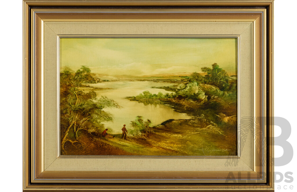 Norman Robins (Early 20th Century, German/British/Australian, 1914-1988), Untitled (Figures by a Lake), Oil on Board, 29 X 44 Cm (Image)
