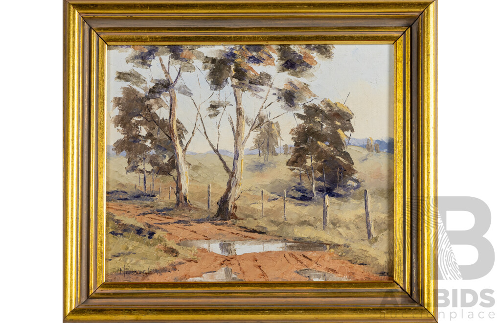 Margaret Carr, (20th Century, Australian), Back Road to Queanbeyan (1974), Wonderful Original Vintage Oil on Canvas Board, 35.5 x 38.5 cm (frame)