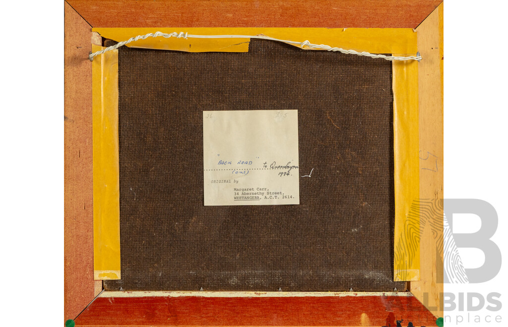 Margaret Carr, (20th Century, Australian), Back Road to Queanbeyan (1974), Wonderful Original Vintage Oil on Canvas Board, 35.5 x 38.5 cm (frame)