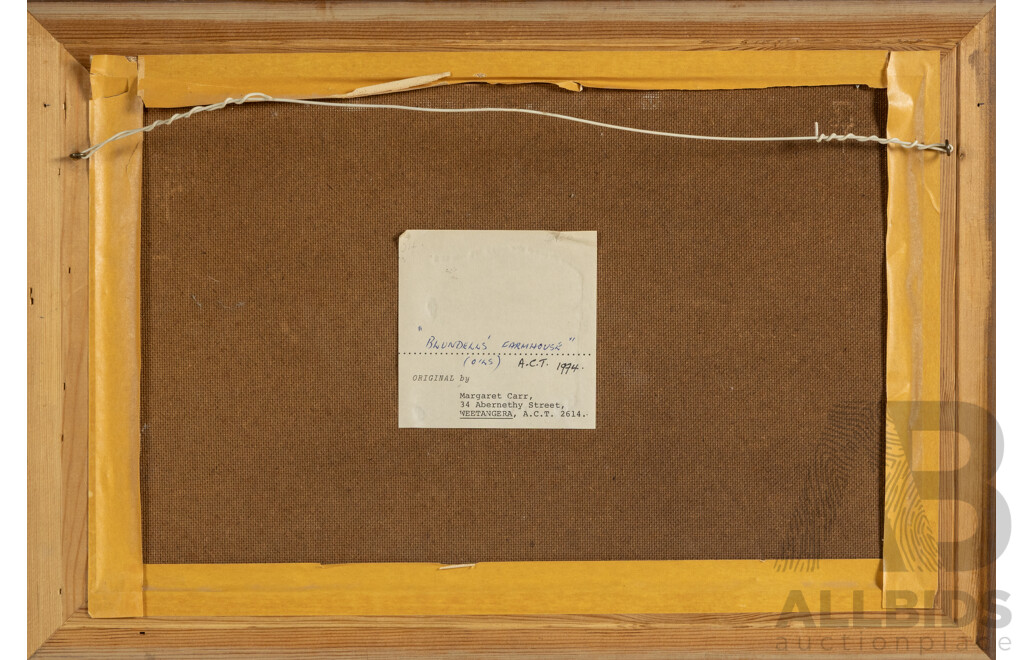 Margaret Carr, (20th Century, Australian), Blundell's Farmhouse (1974), Wonderful Original Vintage Oil on Canvas Board, 33 x 48 cm (frame)