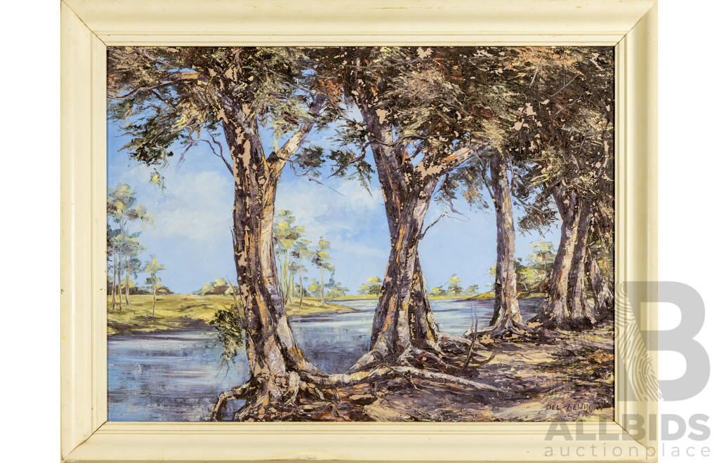 Del Newport (20th Century, Australian, 1941-2011), Landscape - Gumtrees by the Water (1967), Wonderful Vintage Oil on Board, 56 x 71 cm (frame)