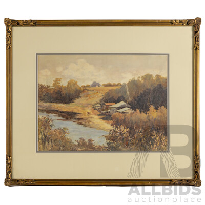 John H(argrave) Hodgson, (19/20th Centuries, Australian, 1870-1938), on the Nambucca (1928), Wonderful Original Antique Watercolour, 66 X 77 Cm (frame)