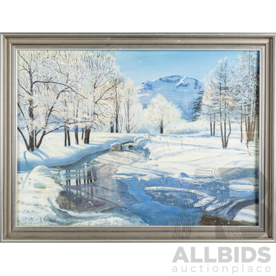 B.Mohorcic, (20th Century), Icey River Through Snow, Oil on Canvas Panel, 66 x 86 cm (frame)