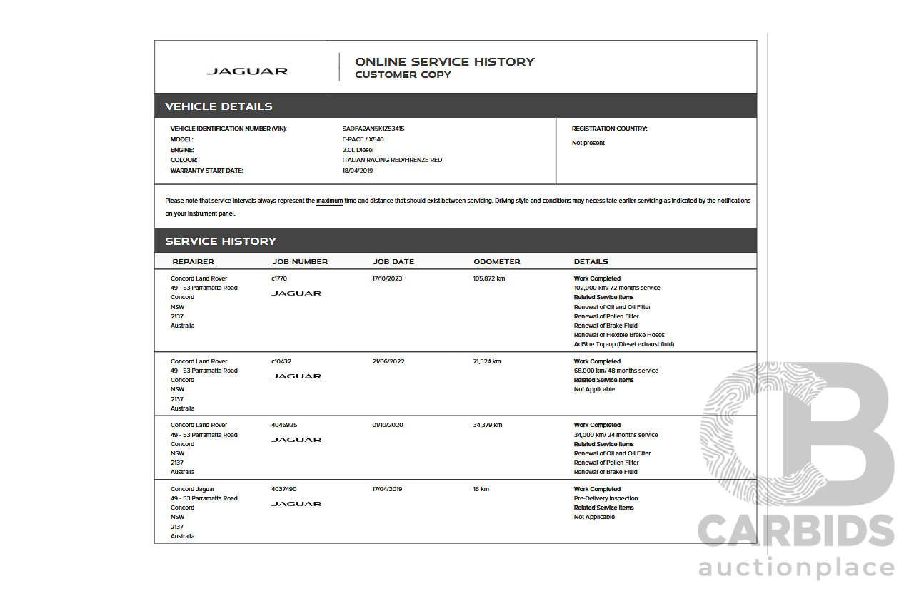 04/2019 Jaguar E-Pace D180 SE (AWD 132kW) X540 MY19 4d Wagon Italian Racing Red Metallic Turbo Diesel 2.0L