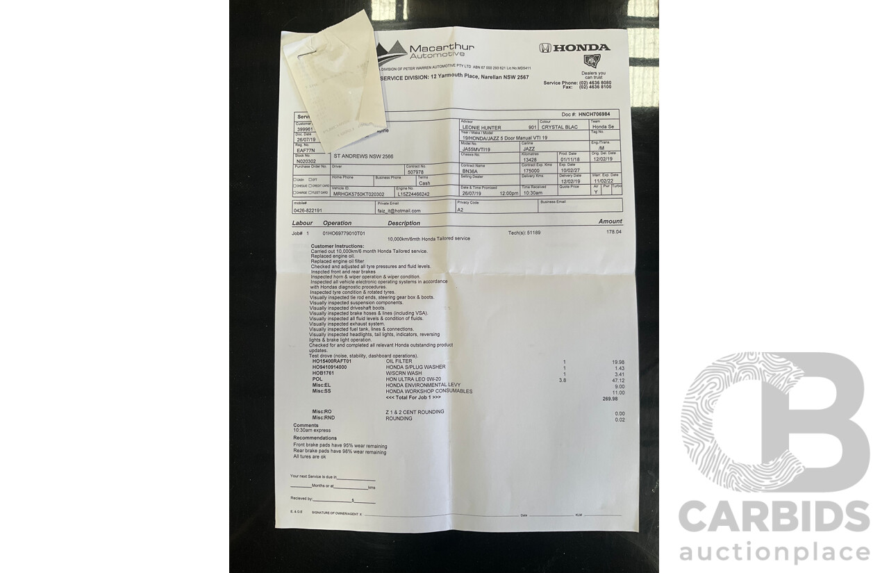 02/2019 Honda Jazz VTi (FWD) GK MY19 5D Hatchback Black 1.5L