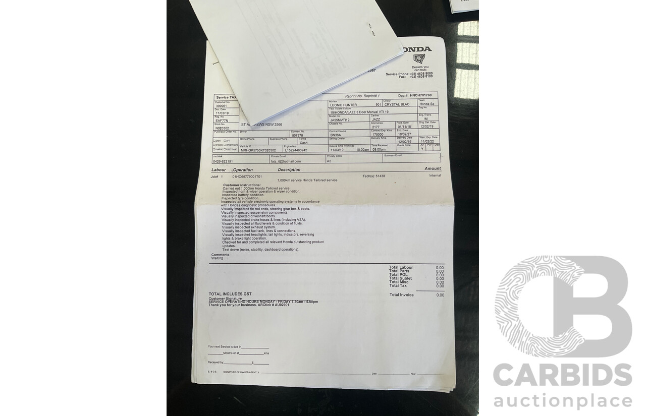 02/2019 Honda Jazz VTi (FWD) GK MY19 5D Hatchback Black 1.5L