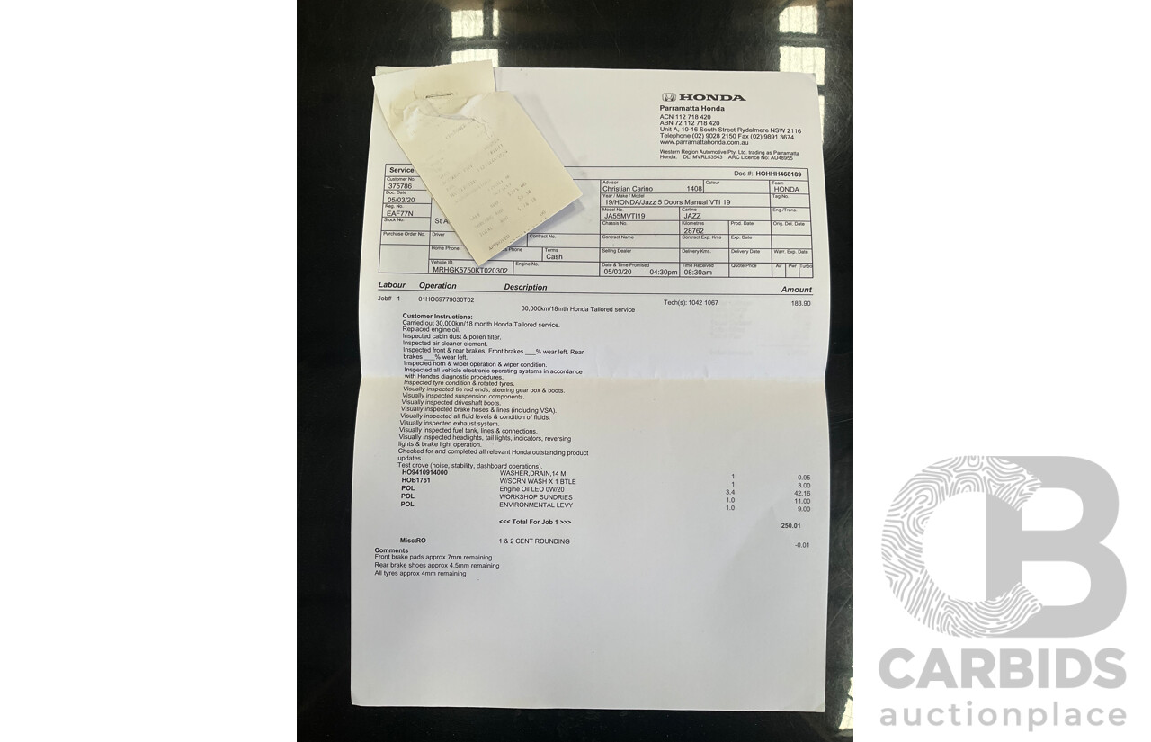 02/2019 Honda Jazz VTi (FWD) GK MY19 5D Hatchback Black 1.5L