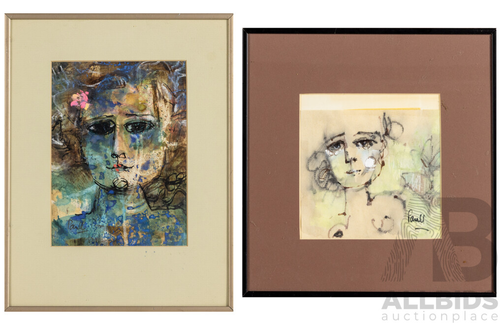John Paul (20th Century, Working C.1960s), Portraits - Lady I & II, Pair of Mixed Media on Paper, 30 X 28 Cm & 32 X 25 Cm (Frames) (2)