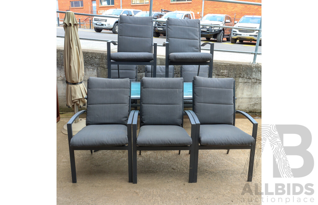 Metal Framed 10 Piece Outdoor Suite Including Eight Carvers, Glass Top Table and Umbrella