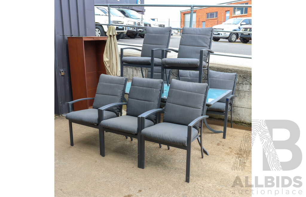 Metal Framed 10 Piece Outdoor Suite Including Eight Carvers, Glass Top Table and Umbrella