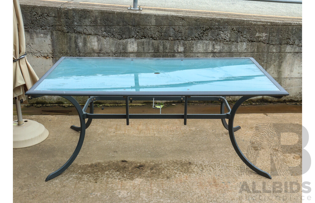 Metal Framed 10 Piece Outdoor Suite Including Eight Carvers, Glass Top Table and Umbrella