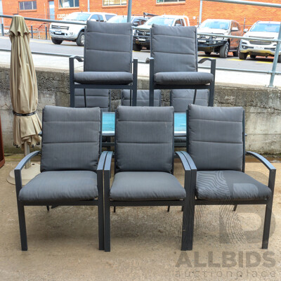 Metal Framed 10 Piece Outdoor Suite Including Eight Carvers, Glass Top Table and Umbrella