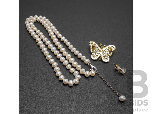 Cultured Freshwater Pearl Necklace, Earrings & Brooch Set