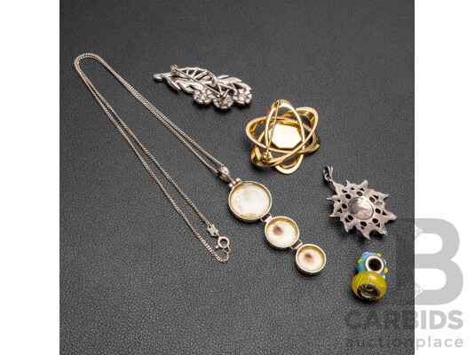 Sterling Silver Necklace & Pendant, Beads with Gold & Silver Tone Brooches - Lot of 6