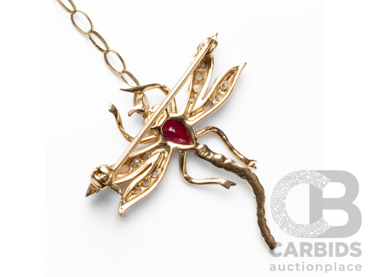 9ct Yellow Gold Dragonfly Brooch with Ruby & Pearls with Valuation