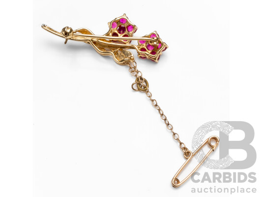 9ct Yellow Gold Double Flower Brooch with Rubies & Diamonds with Valuation