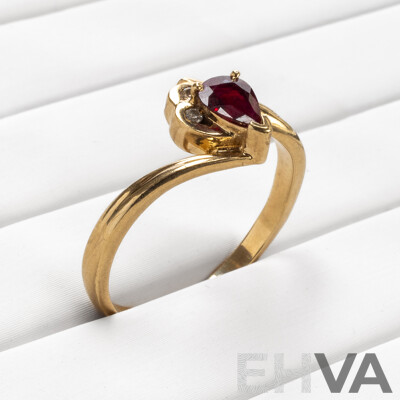 9ct Yellow Gold Pear Cut Ruby and Diamond Ring - Size R.5