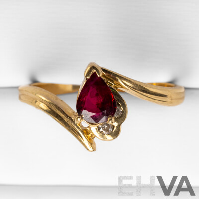 9ct Yellow Gold Pear Cut Ruby and Diamond Ring - Size R.5
