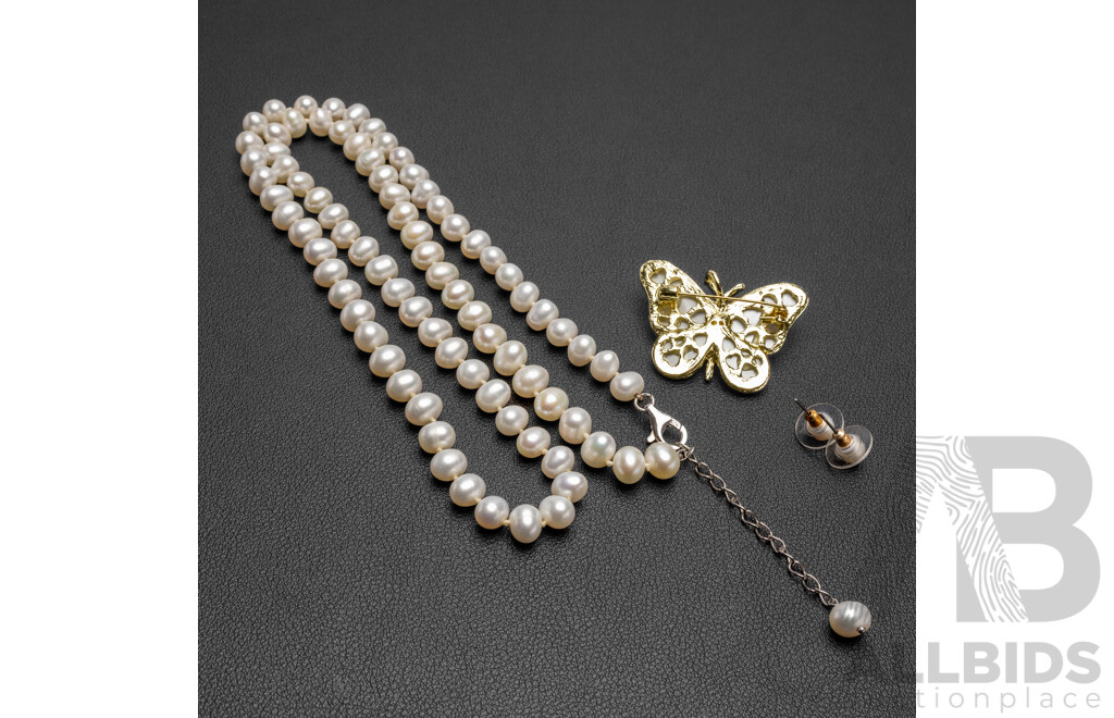 Cultured Freshwater Pearl Necklace, Earrings & Brooch Set