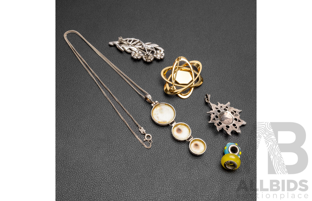 Sterling Silver Necklace & Pendant, Beads with Gold & Silver Tone Brooches - Lot of 6