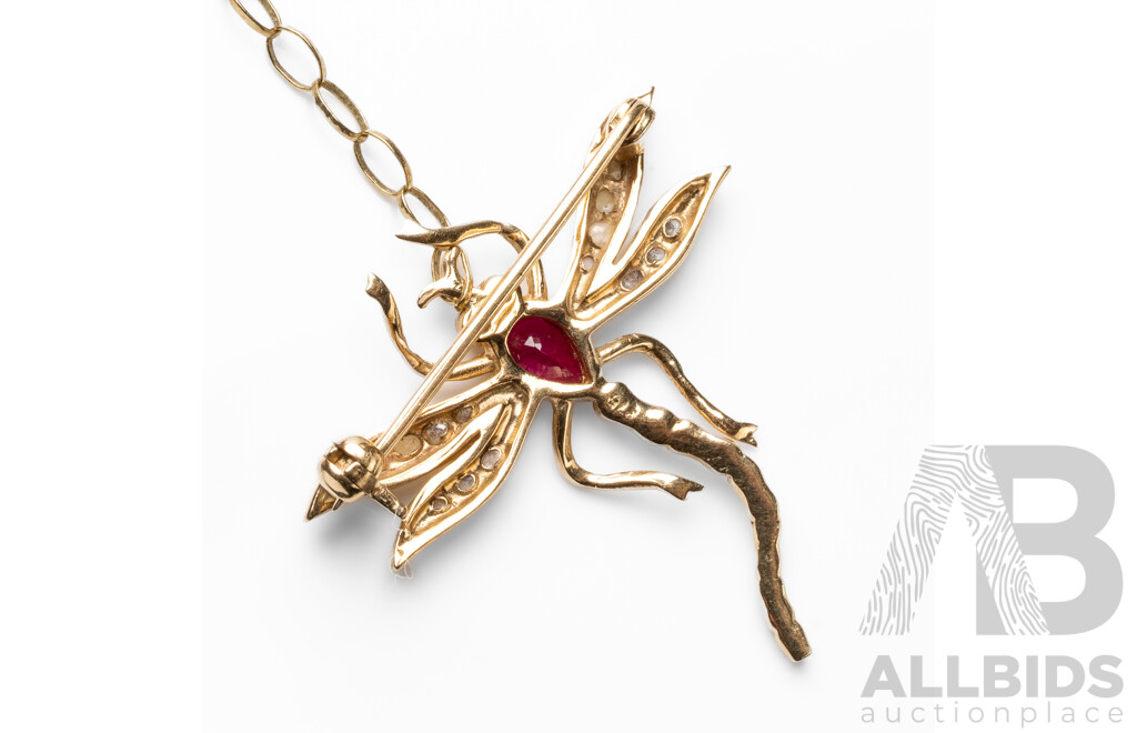 9ct Yellow Gold Dragonfly Brooch with Ruby & Pearls with Valuation