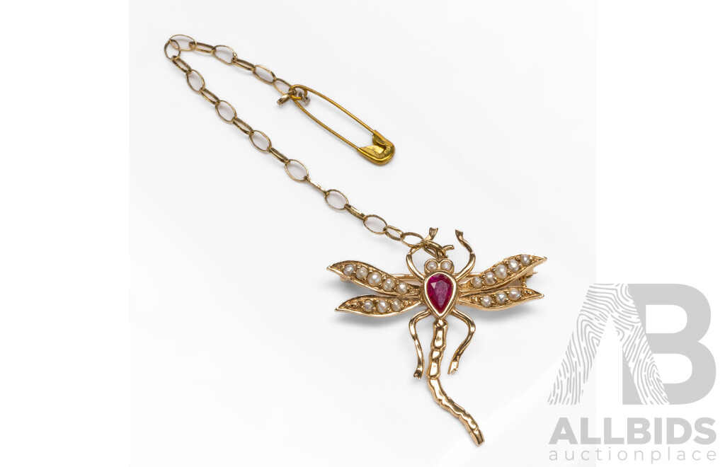 9ct Yellow Gold Dragonfly Brooch with Ruby & Pearls with Valuation