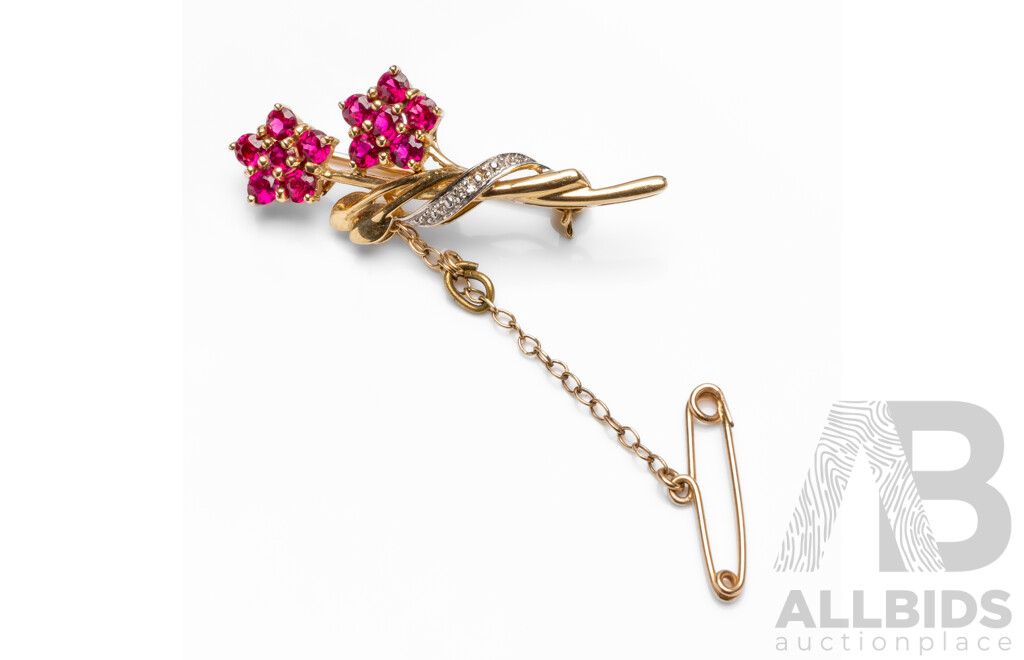 9ct Yellow Gold Double Flower Brooch with Rubies & Diamonds with Valuation