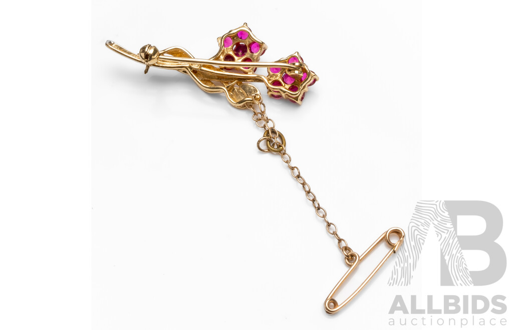 9ct Yellow Gold Double Flower Brooch with Rubies & Diamonds with Valuation
