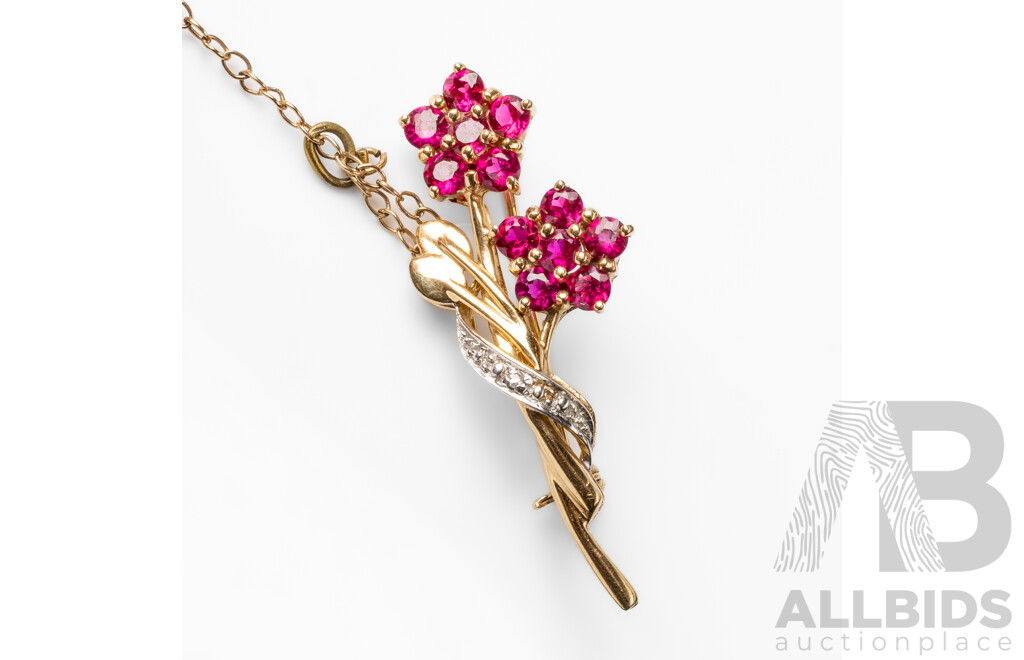 9ct Yellow Gold Double Flower Brooch with Rubies & Diamonds with Valuation