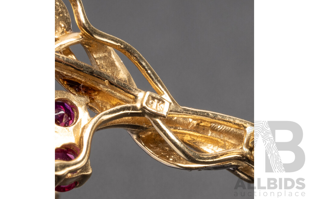 9ct Yellow Gold Double Flower Brooch with Rubies & Diamonds with Valuation