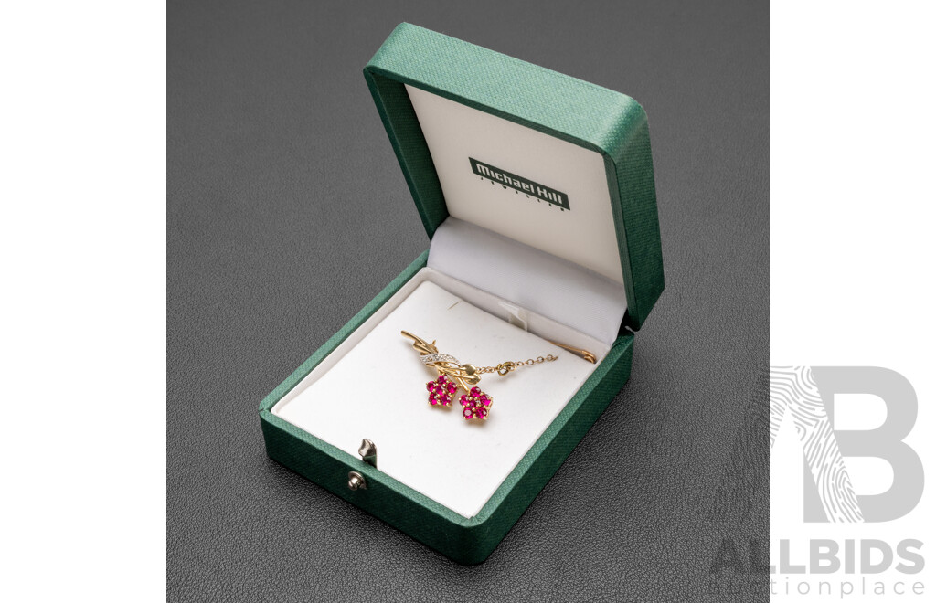 9ct Yellow Gold Double Flower Brooch with Rubies & Diamonds with Valuation