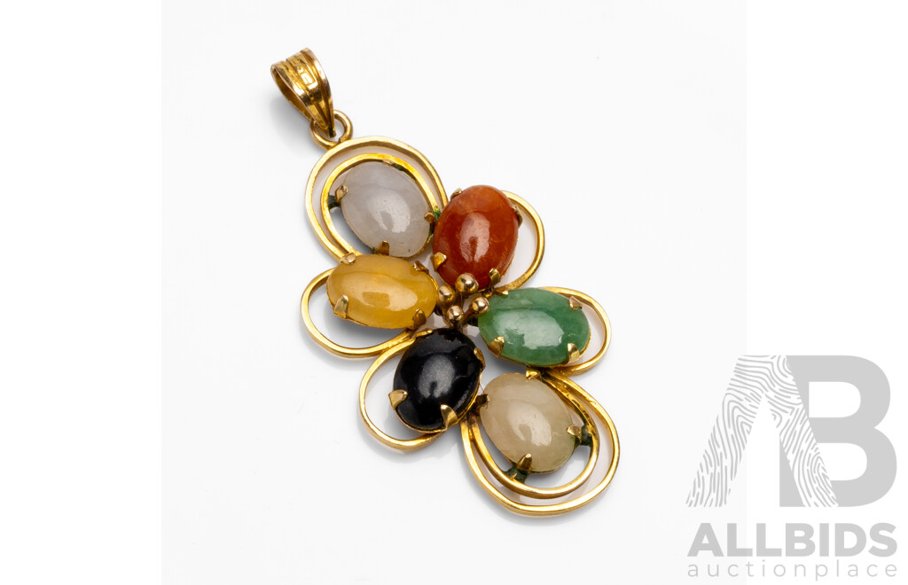 14ct Yellow Gold Oval Cabochon Multi-Gemstone Pendant - 2.26gms