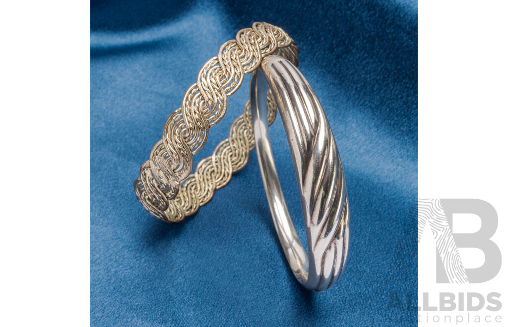 925 Sterling Silver Bangle and Silver Tone Bangle - Lot of 2