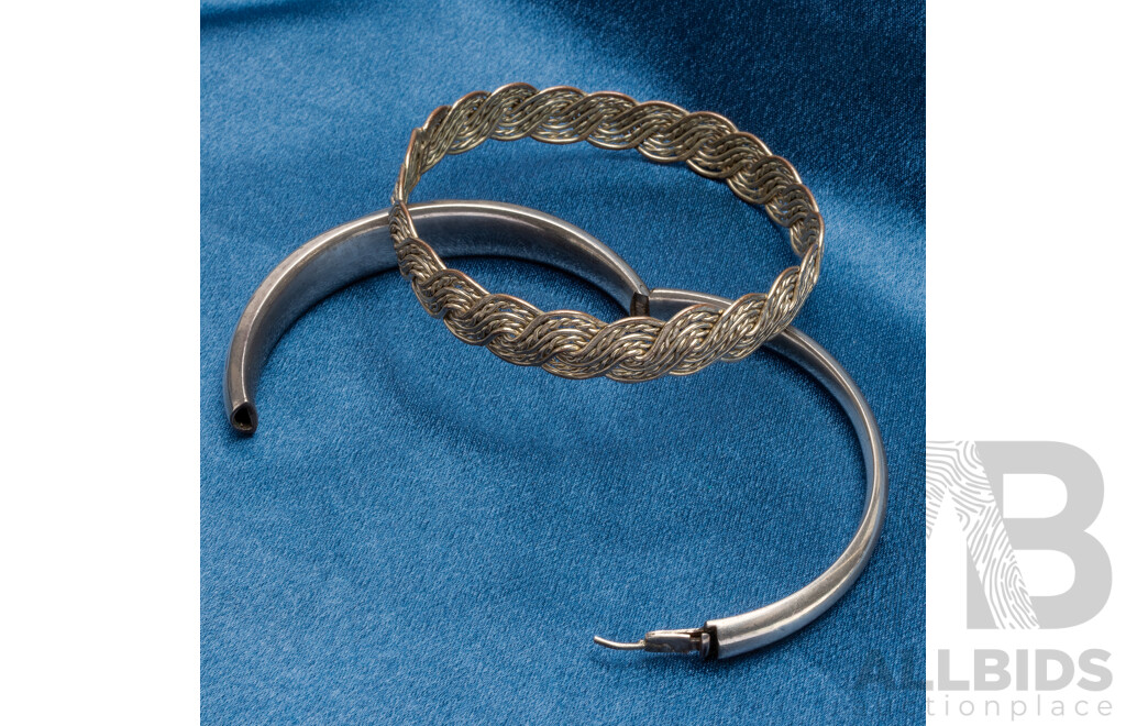925 Sterling Silver Bangle and Silver Tone Bangle - Lot of 2