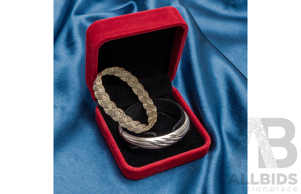 925 Sterling Silver Bangle and Silver Tone Bangle - Lot of 2