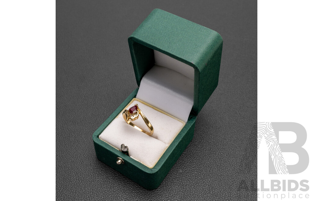 9ct Yellow Gold Pear Cut Ruby and Diamond Ring - Size R.5