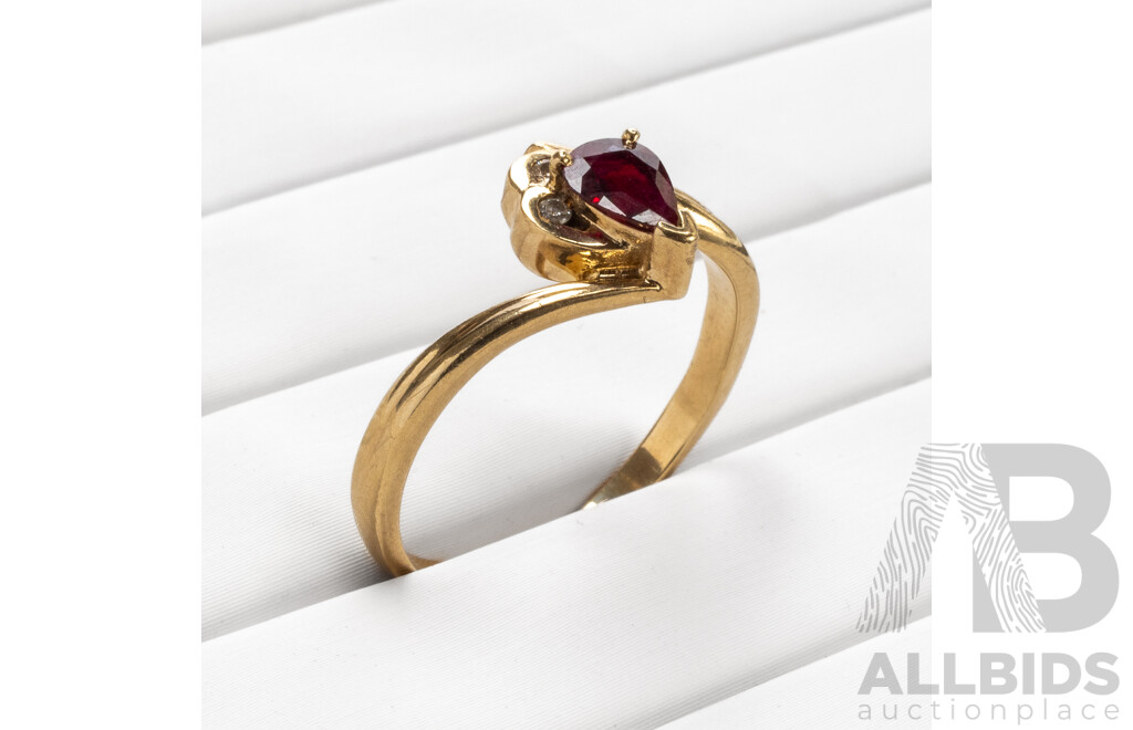 9ct Yellow Gold Pear Cut Ruby and Diamond Ring - Size R.5
