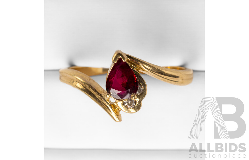 9ct Yellow Gold Pear Cut Ruby and Diamond Ring - Size R.5