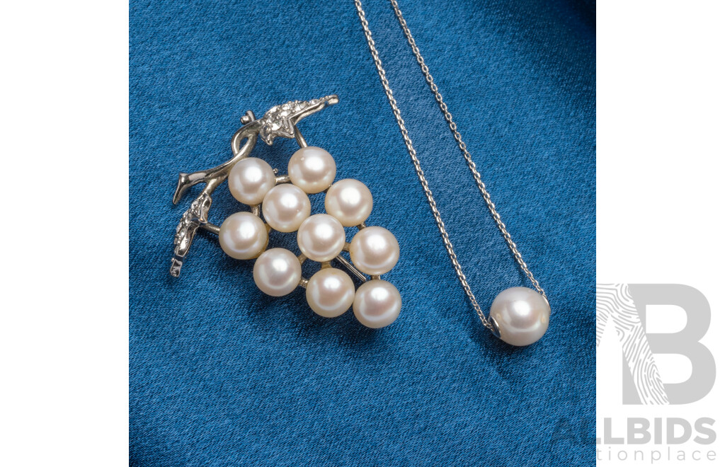 925 Sterling Silver Pearl Necklace and Silver Tone Pearl Brooch - Lot of 2