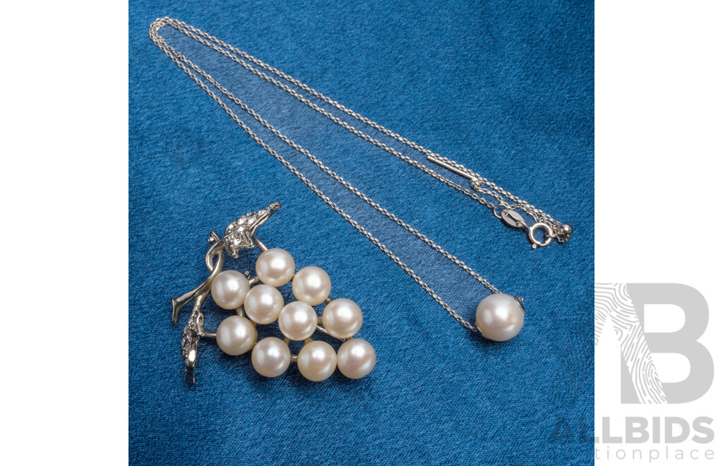 925 Sterling Silver Pearl Necklace and Silver Tone Pearl Brooch - Lot of 2