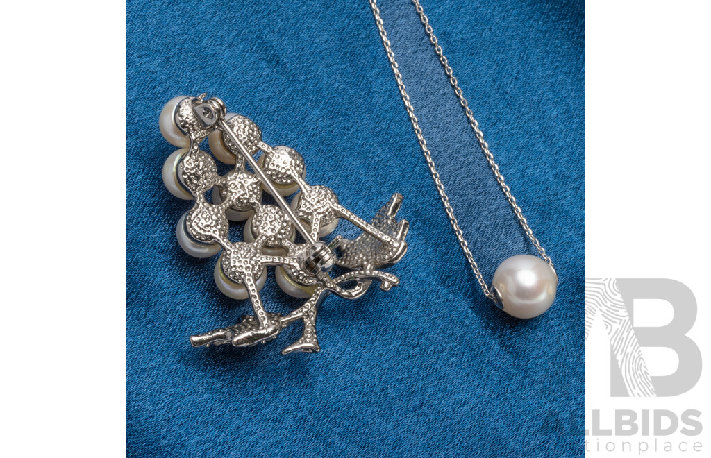 925 Sterling Silver Pearl Necklace and Silver Tone Pearl Brooch - Lot of 2